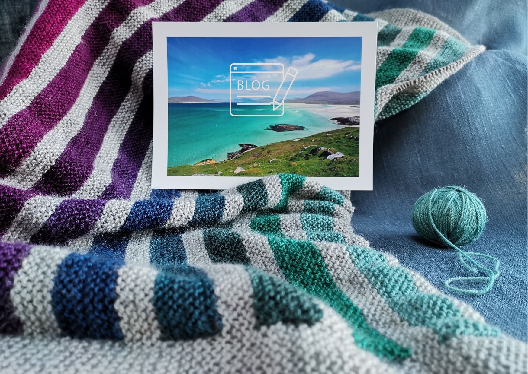 Close up of a knitted Scottish Rainbow Blanket with an inspiration photo of a golden sand Scottish beach.