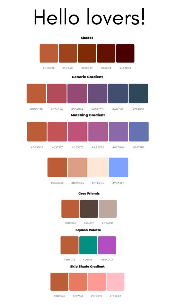 Boxes of colours centred around a burnt orange. Pinks, some blue, lots of warm cream and brown. Text says 'Hello lovers!'