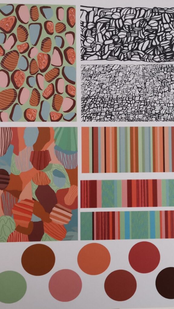Colour mood board from student studying the work of Bernat Klein in earthy oranges and blues.