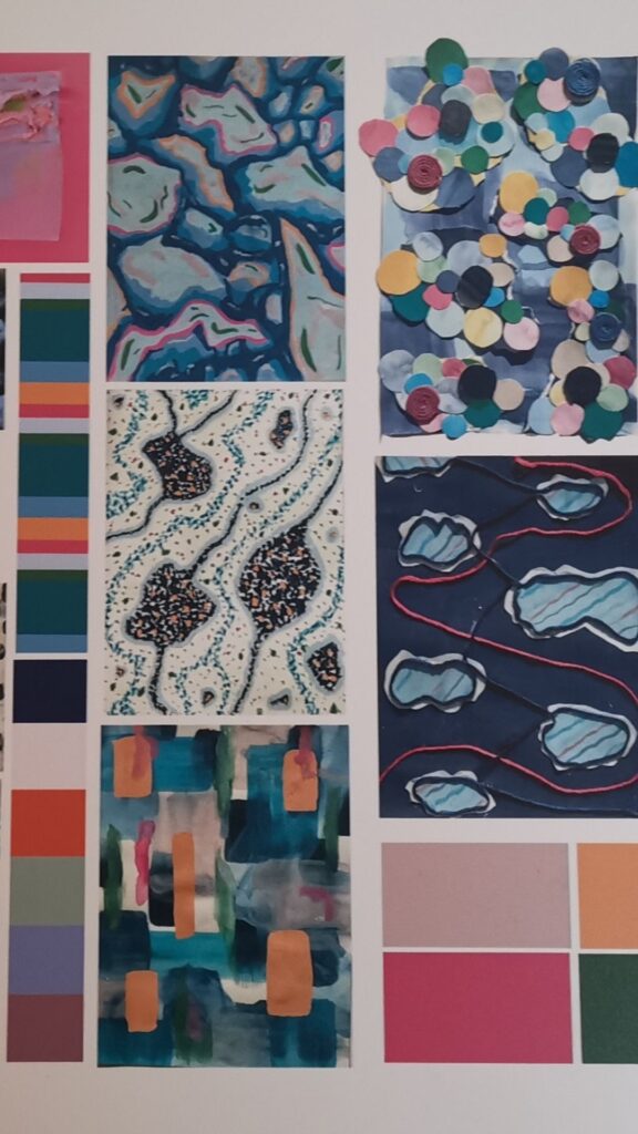 Colour mood board from student studying the work of Bernat Klein in dark blues and oranges.