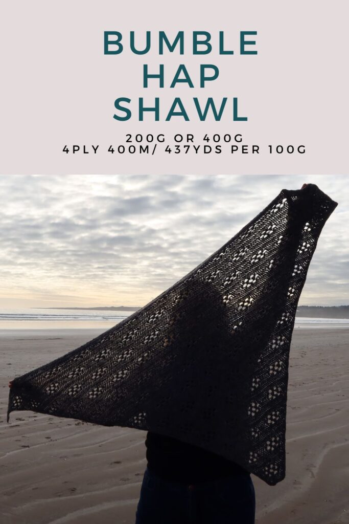 A large triangular crocheted shawl held up on a beach in silhouette. Text above image reads "Bumble Hap Pattern" with yarn details.