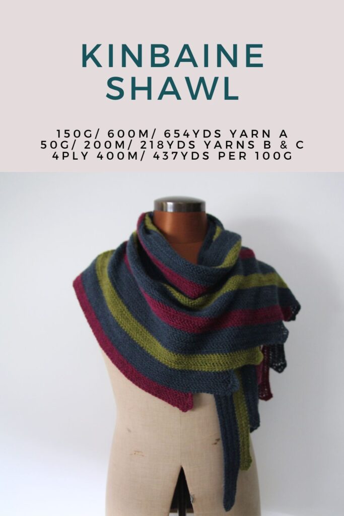 Three-colour striped crochet shawl on a mannequin. Text reads "Kinbaine Shawl" and gives yarn details.