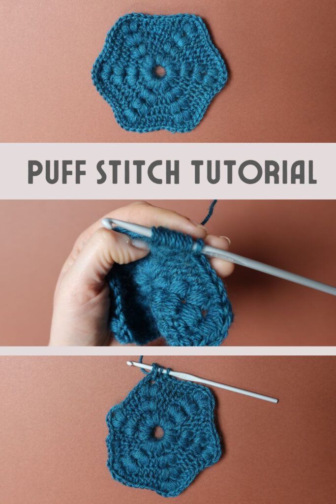 Three photos showing various stages of a a puff stitch being crocheted in teal yarn.