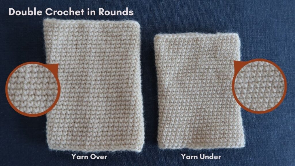 Two swatches of double crochet in roundss. Left is made with yarn overs and is bigger, left swatch is made with yarn unders.