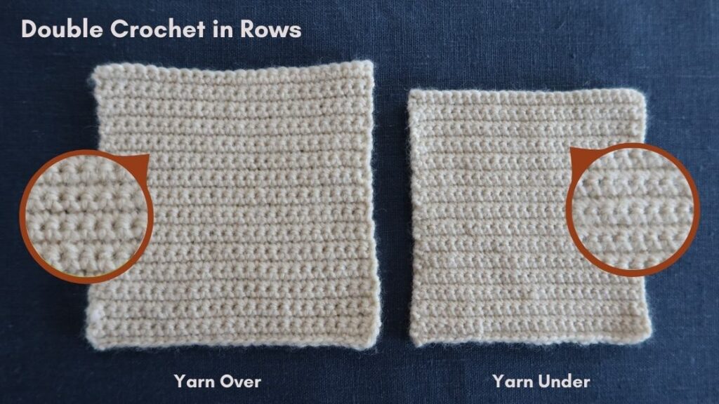 Two swatches of double crochet in rows. Left is made with yarn overs and is bigger, left swatch is made with yarn unders.
