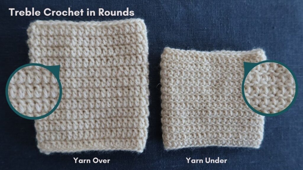 Two swatches of treble crochet in rounds. Left is made with yarn overs and is bigger, left swatch is made with yarn unders.