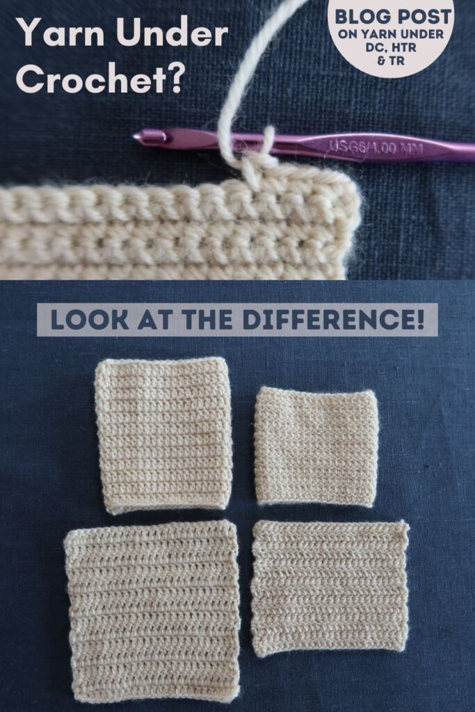 Close up of double crochet made with yarn unders and a hook.  Close up of treble crochet swatches rows and rounds made with yarn unders.