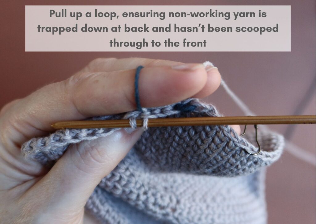 Waistcoat stitch fabric being worked in the round with the non-working yarn trapped down and more stitches made with working yarn.