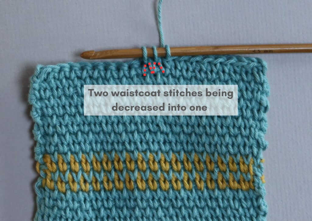Turquoise swatch of waistcoat stitch crochet with an annotated close up to show how two waistcoat stitches are decreased to one.