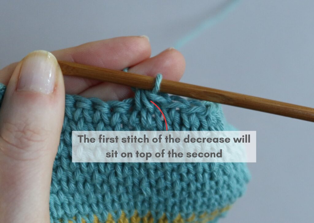 Reverse side of turquoise swatch of waistcoat stitch crochet with an annotated close up to show how two waistcoat stitches are decreased to one.