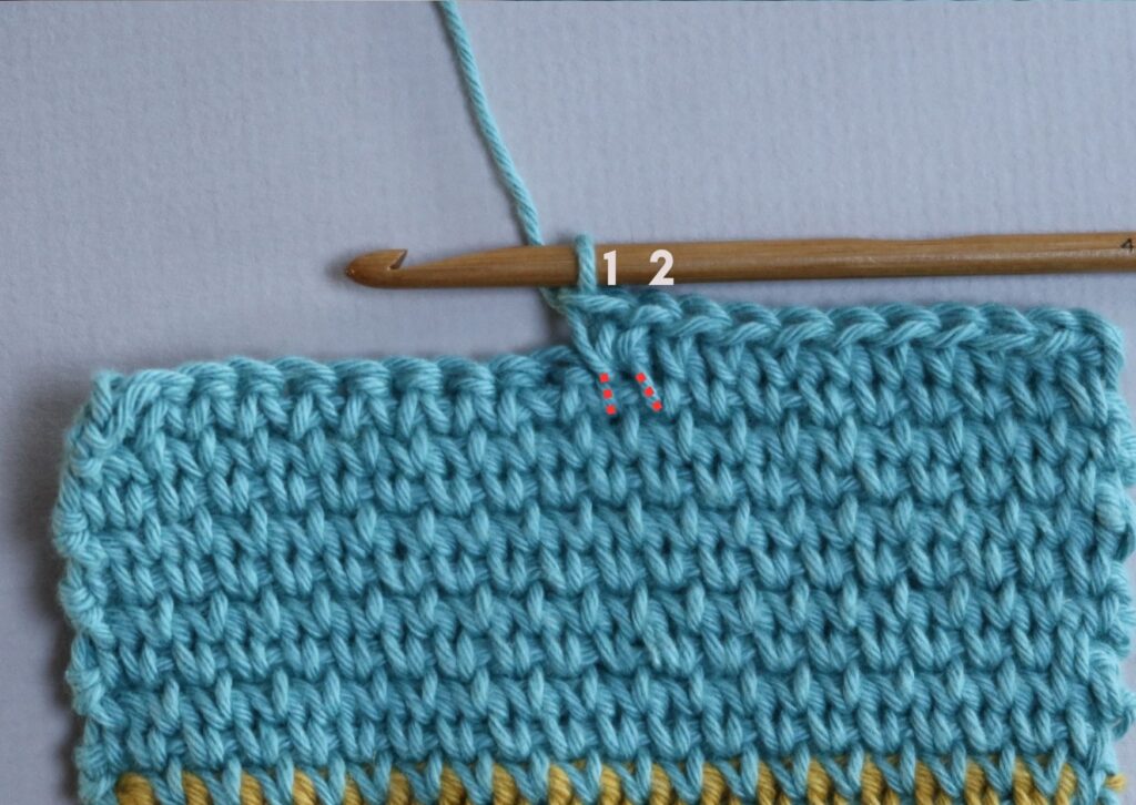 Turquoise swatch of waistcoat stitch crochet with an annotated close up to show how to waistcoat stitches are made in one space to create an increase.