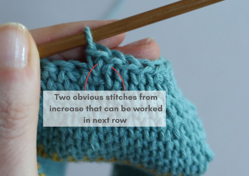 Reverse side of a turquoise swatch of waistcoat stitch crochet with an annotated close up to show how to waistcoat stitches are made in one space to create an increase.