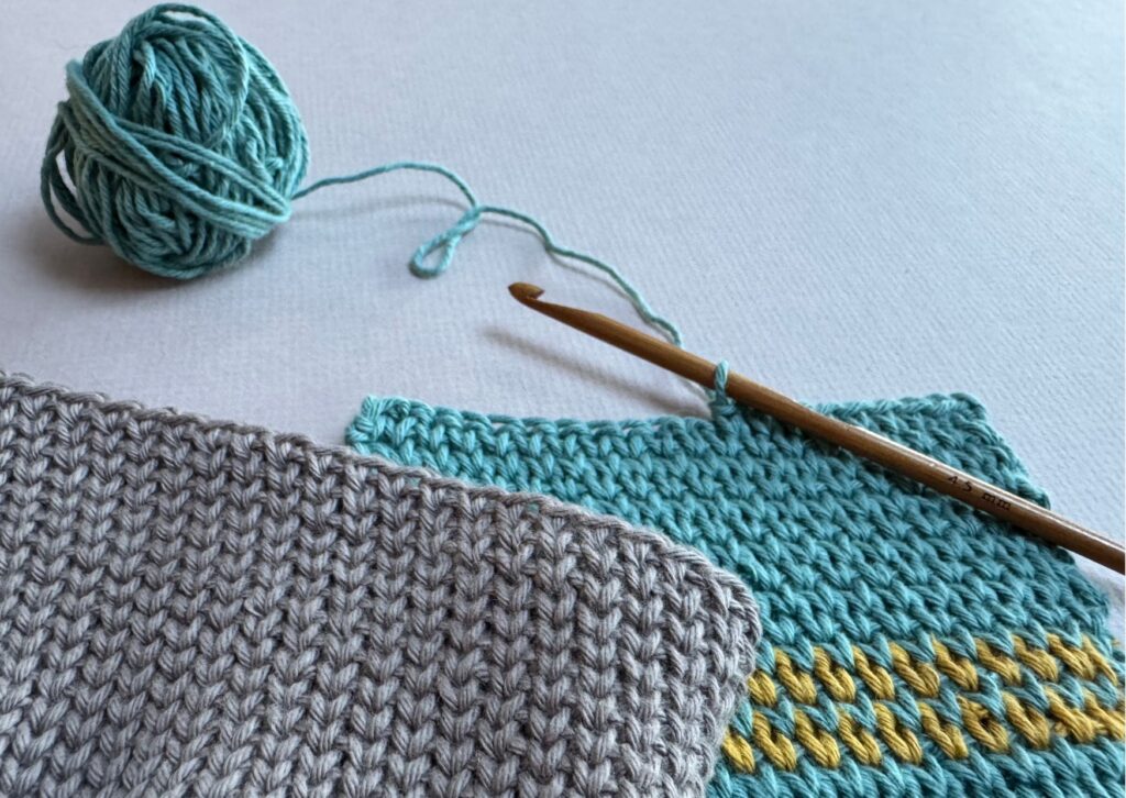 Crochet swathes of waistcoat stitch in the round and in rows with a bamboo hook.