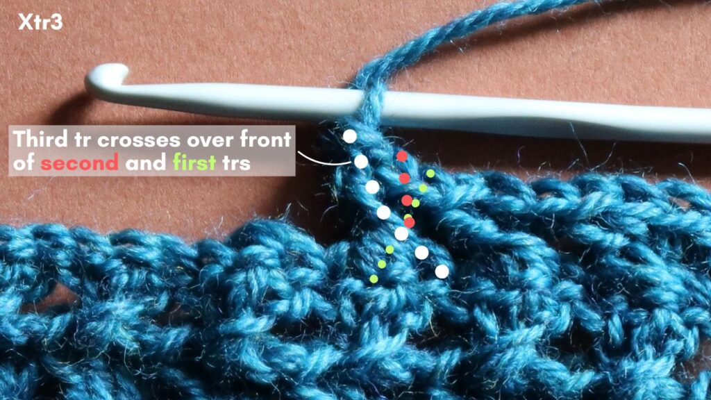 Close up of three treble crossed stitch showing the anatomy of the third stitch lying over the top of the second and first stitches.