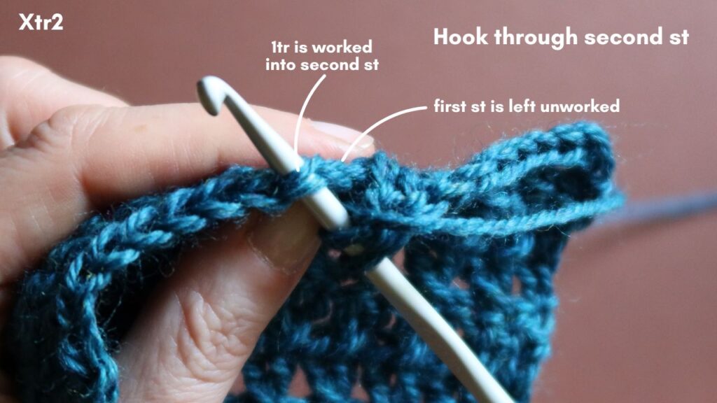 Close up of the skipped stitch and hook in second stitch ready to make a treble crochet.