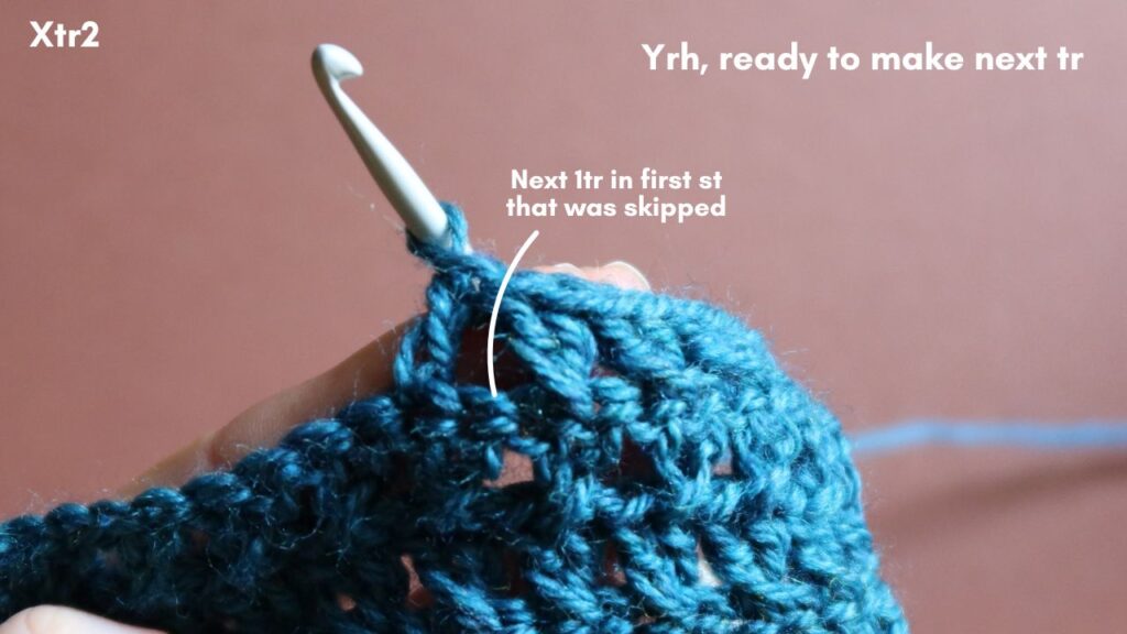 Close up of treble just made and skipped stitch that second treble is to be made in.