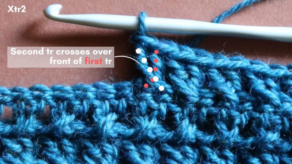 Close up of two treble crossed stitch showing the anatomy of the second stitch lying over the top of the first.