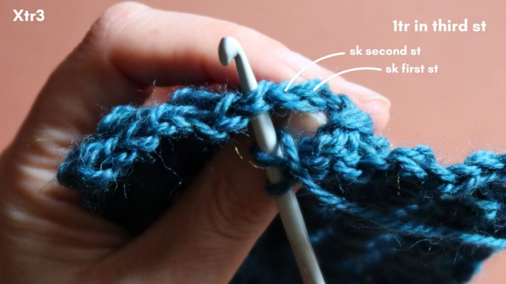 Close up of the 2 skipped stitches and next stitch to be worked in a 3 crossed treble crochet.