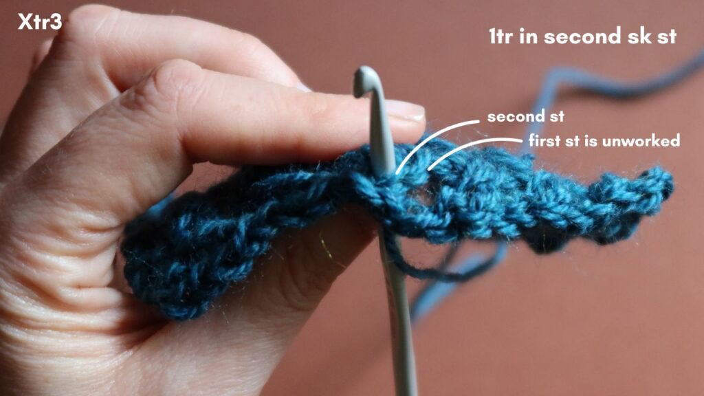 Close up of the skipped stitch and second stitch to be worked in a 3 crossed treble crochet.