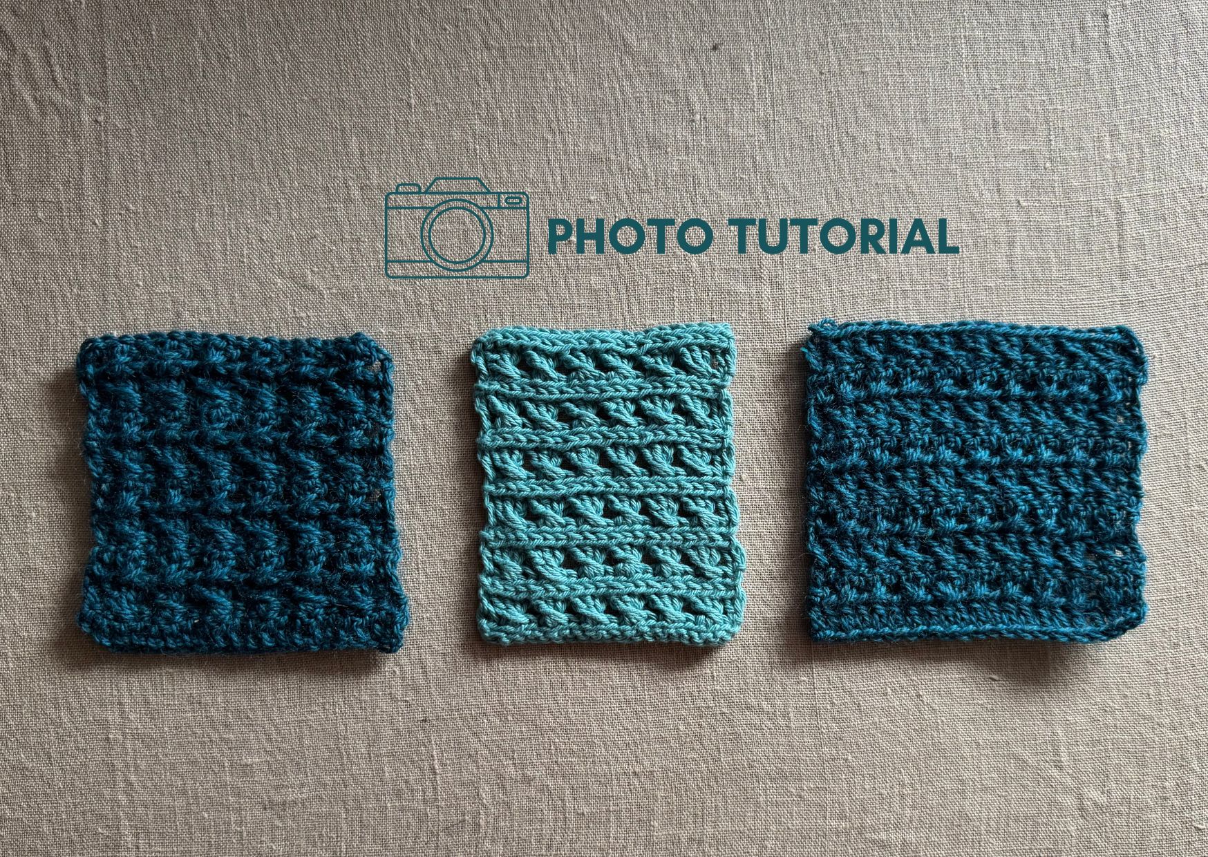 Three blue/ teal swatches of crossed treble crochet stitches with "photo tutorial" in text.