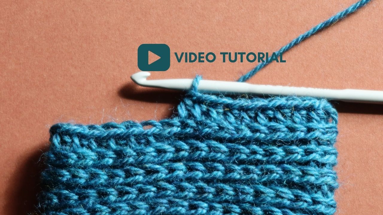 Teal yarn swatch of 3rd loop half treble crochets worked in the round. Text overlay says " Video Tutorial".