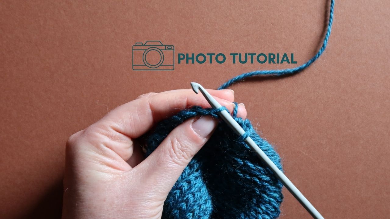Close up of a starting half treble crochet in the third loop with 'Photo Tutorial" text overlay.