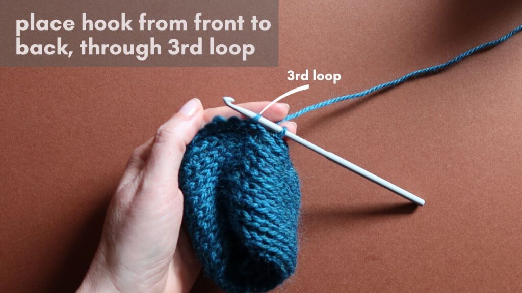 Close up of a starting half treble crochet in the third loop.