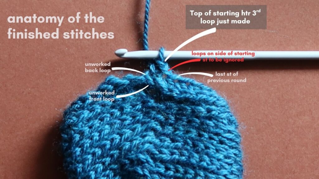 Close up of a anatomy of a starting half treble crochet in the third loop.