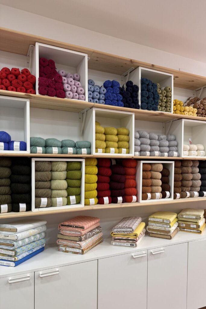 Shelves of colourful yarn an a yarn shop.