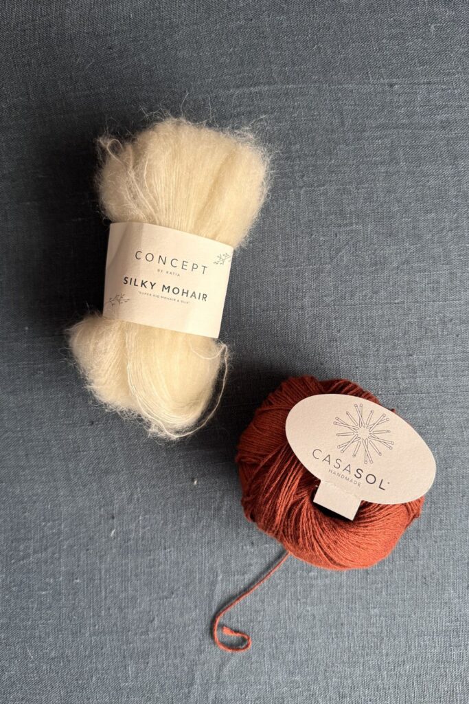 White mohair and rust coloured bamboo yarn/
