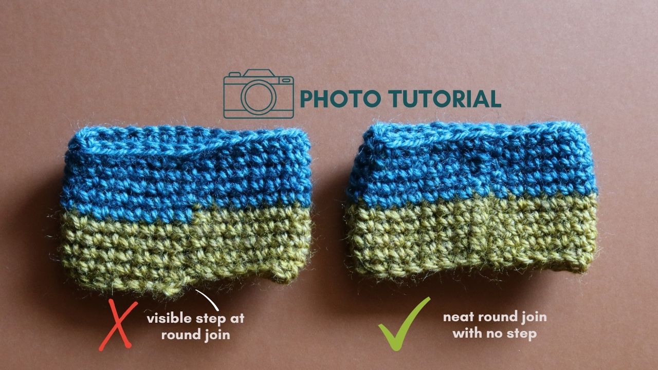 Two swatches showing the difference between neat round joins for double crochet with "Photo Tutorial" in text.