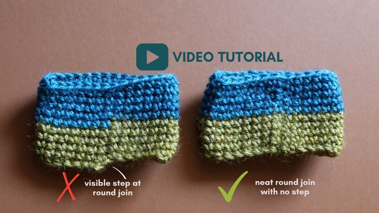 Two swatches showing the difference between neat round joins for double crochet with "Video Tutorial" in text.