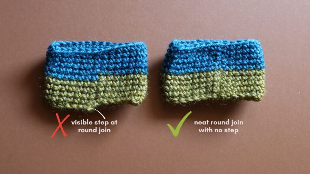 Two swatches showing the difference between neat round joins for double crochet.