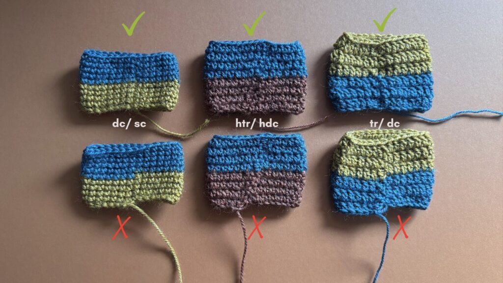 Six swatches showing the difference between neat round joins for double, half treble and treble crochet.
