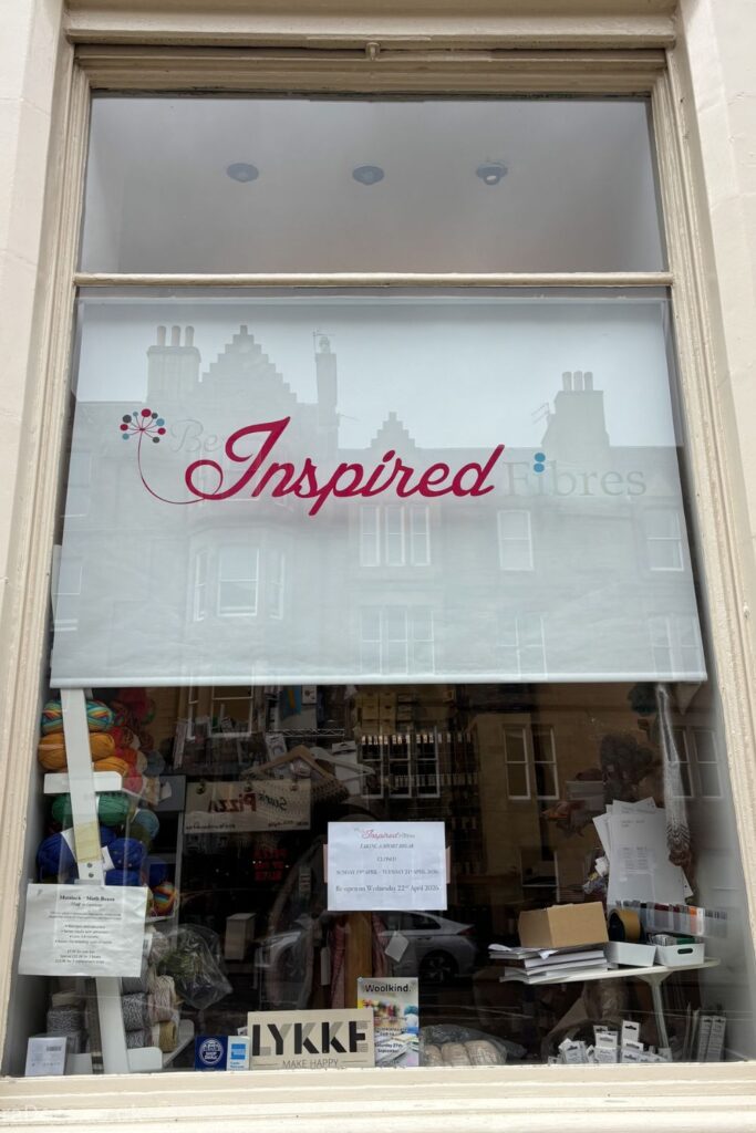 Shop front of Be Inspired Fibres yarn shop in Edinburgh.