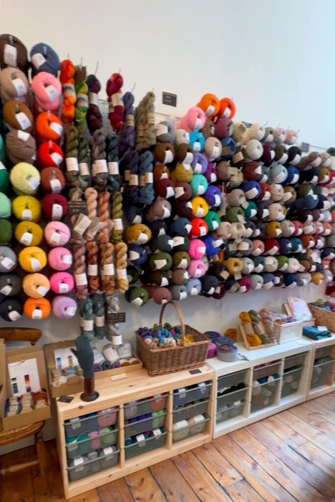 Lots of yarn hanging on pegs on the wall of Fibre Yard yarn shop.