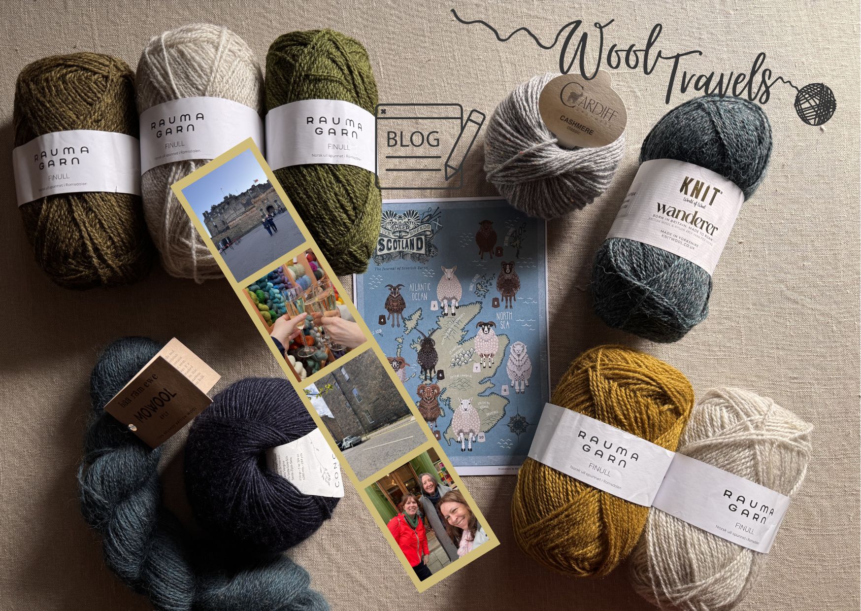 Lots of balls of wool around a map of Scotland with sheep breeds on it and some travel pictures of Edinburgh.