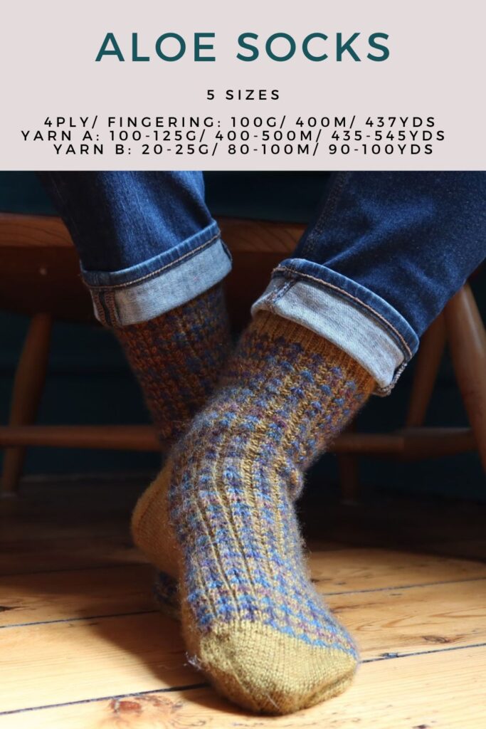 Aloe Socks pattern details of yarn quantities and a squishy sock with dip stitches.