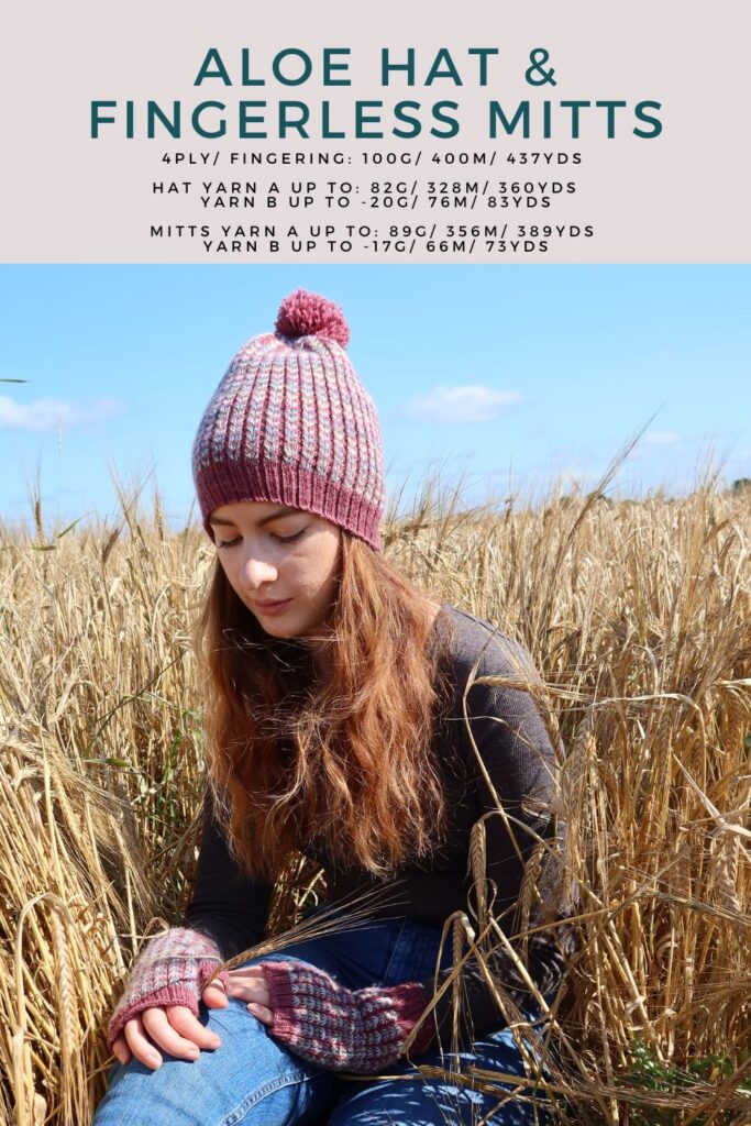 Woman in wheat field wearing aloe hat and fingerless mitts, showing yarn colour quantities