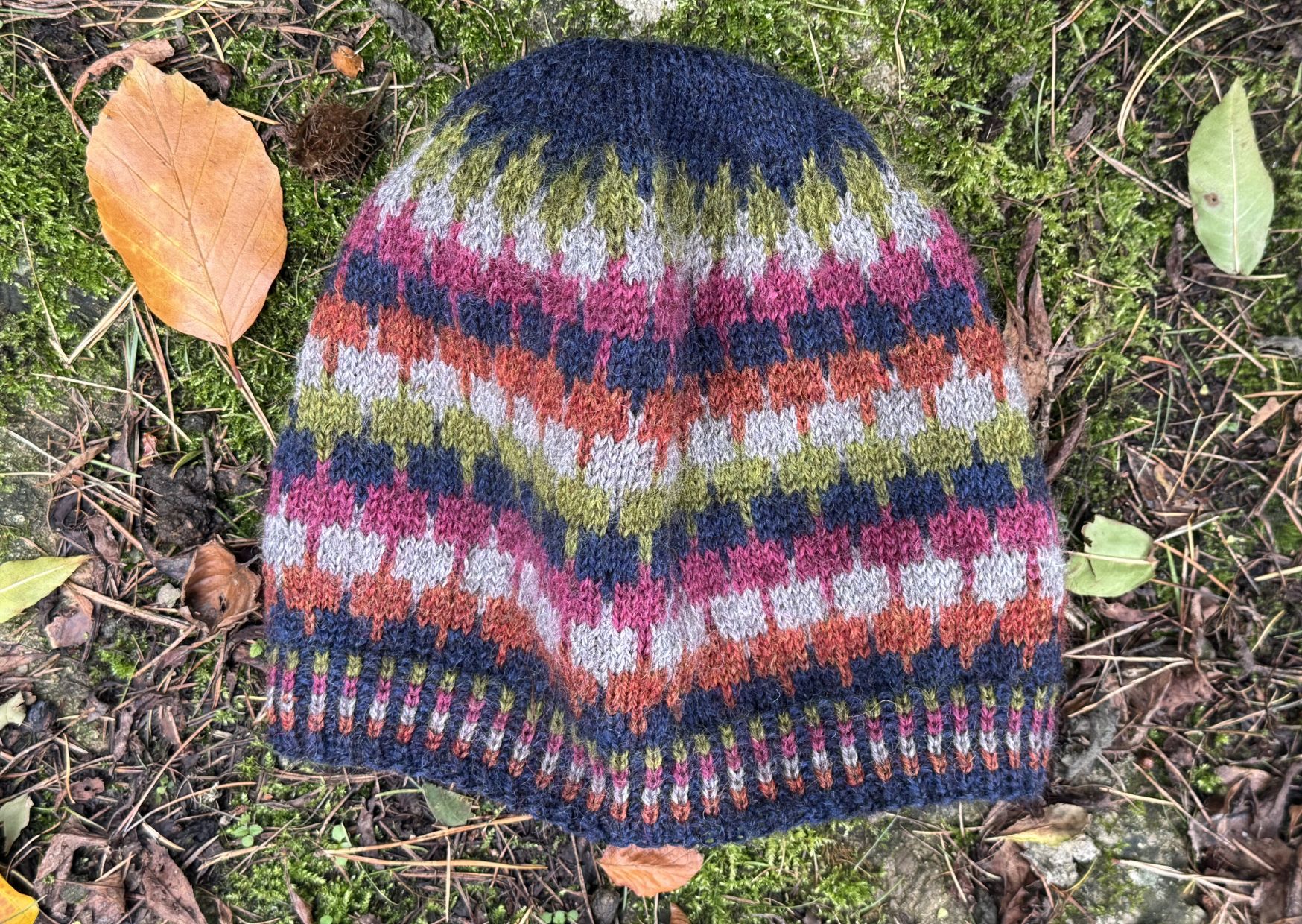 Colourwork knitted hat with block design.