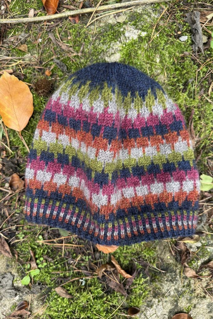 Colourwork knitted hat with block design.