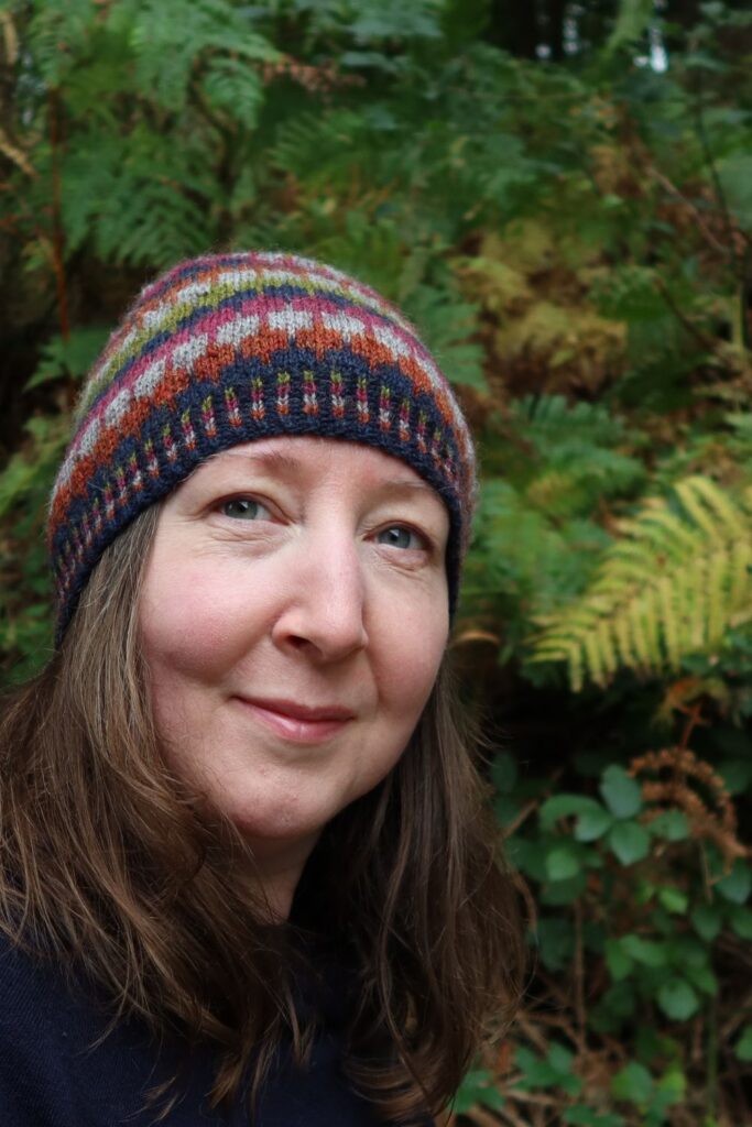 Colourwork knitted hat with block design.