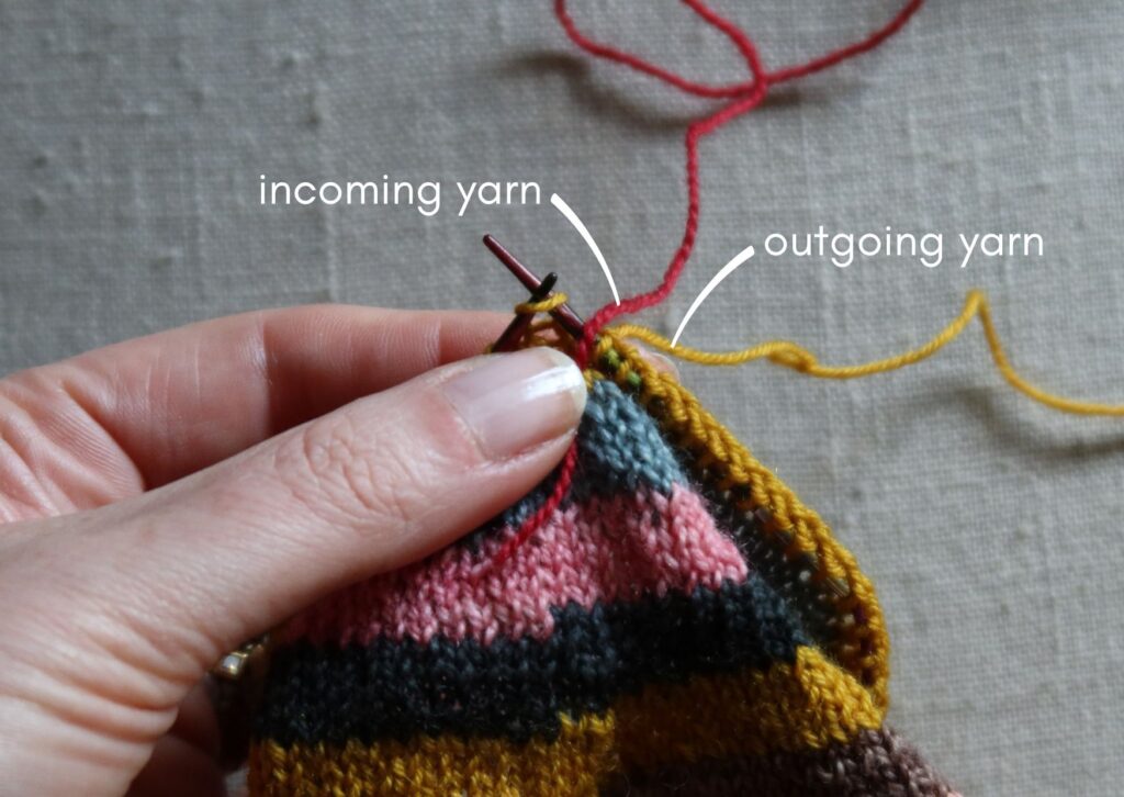 A pair of brightly coloured knitted striped trainer socks with no sew coloured yarn join method.