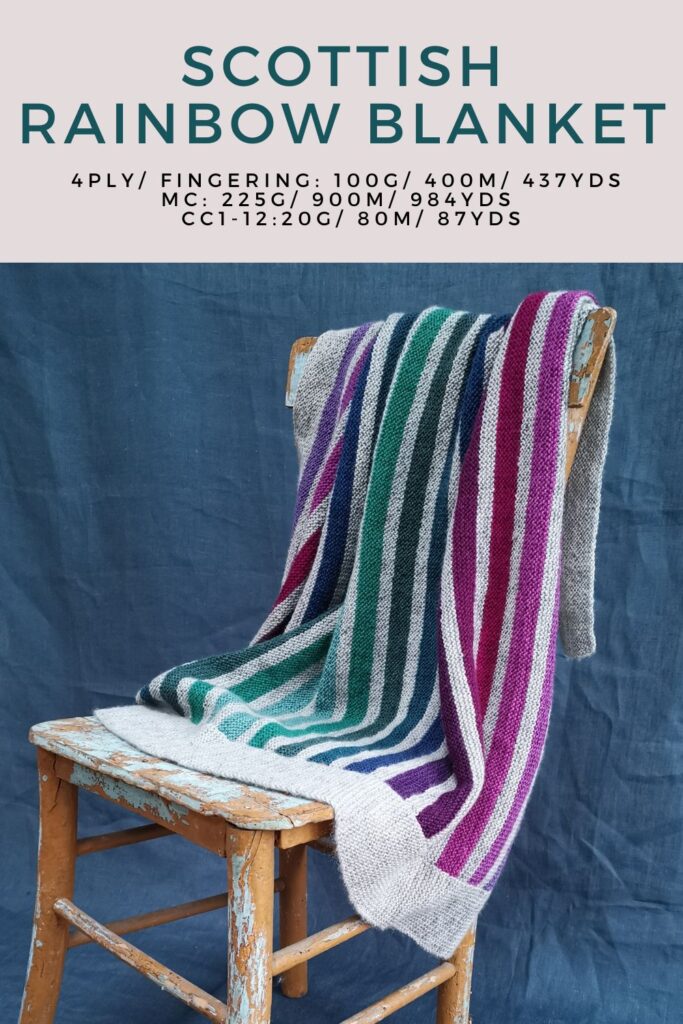 Striped knitted blanket pattern in light grey with earthy Scottish coloured stripes.