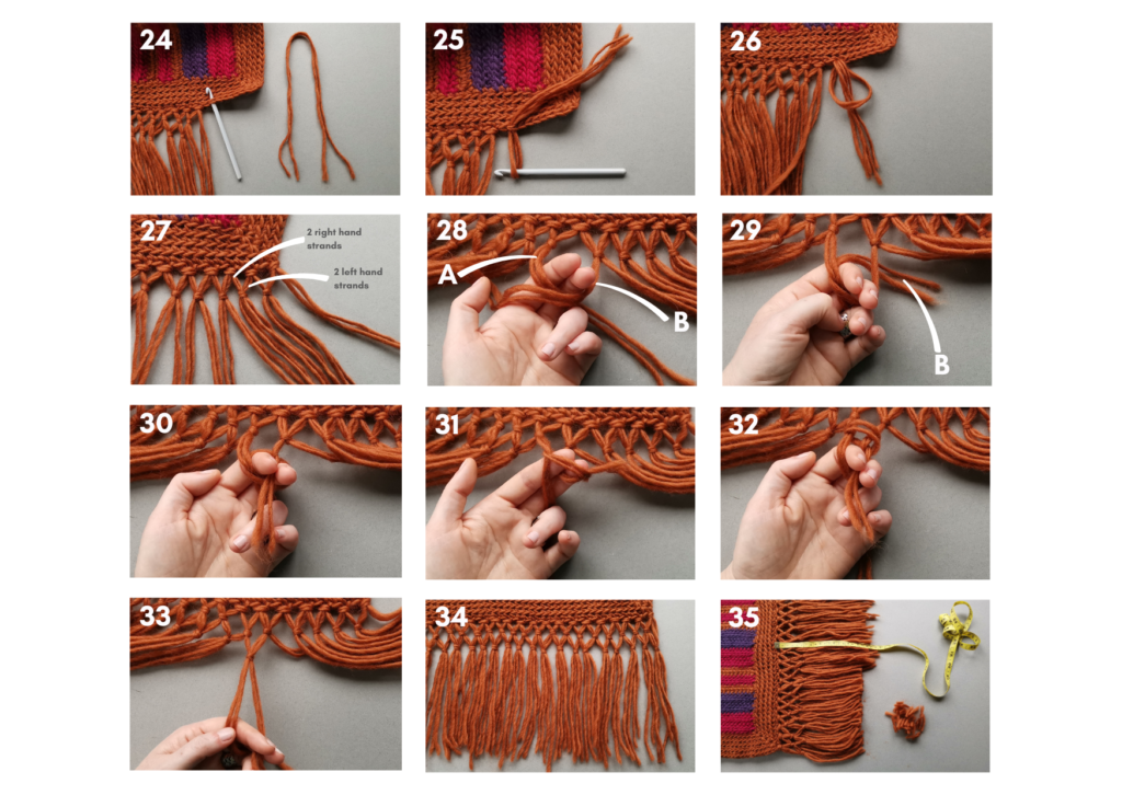 A series of images showing how to create the knotted fringe for Strata Blanket.