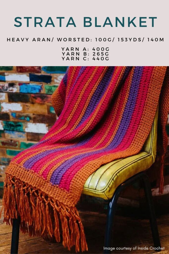 Retro striped crochet blanket with knotted fringe.
