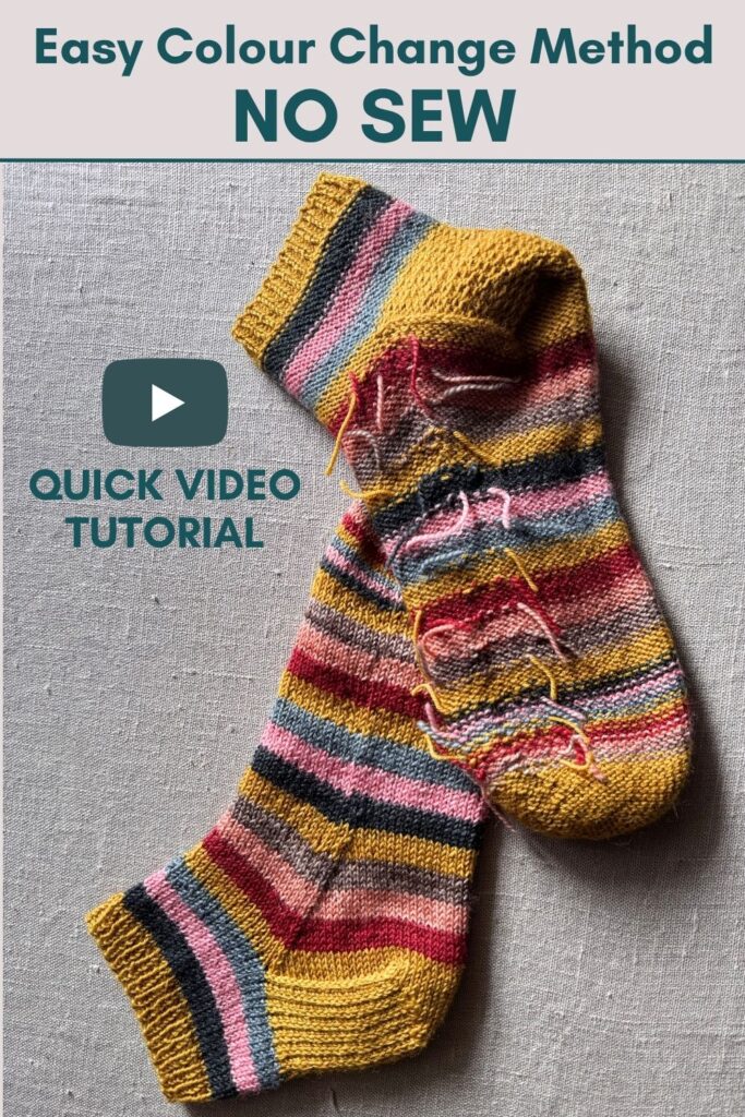 Knitted sock with colourful stripes and a "No Sew" video tutorial icon.